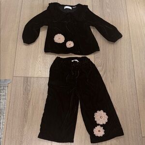 Zara Black Velvet Kids Matching Set with Pink Flower Appliques